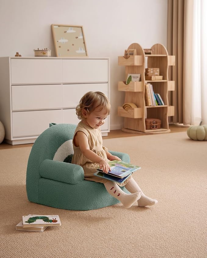 Blissful Diary Toddler Chair Comfy, Foam Kids Chair with Soft Teddy Plush, Toddler Reading Chair with Cute Arclet Designs- Sage Green-NeatNest