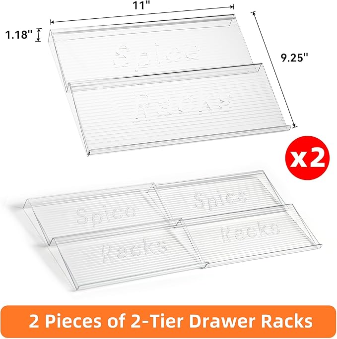 Spice Drawer Organizer, 2 Tier- 2 Pack Clear Acrylic Drawer Seasoning Organizer, Expandable From 11'' to 22'' Kitchen Spice Rack Organizers and Storage for Drawer (Jars not included)