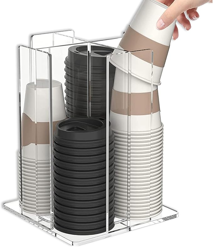 Cup and Lid Holder, 360° Rotated Coffee Cup Dispenser, Rotating Lid Carousel, Acrylic Cup Storage Organizer Beverage Cup Holder with 4 Compartments for Countertop Coffee Station Bar Restaurant, Clear-NeatNest