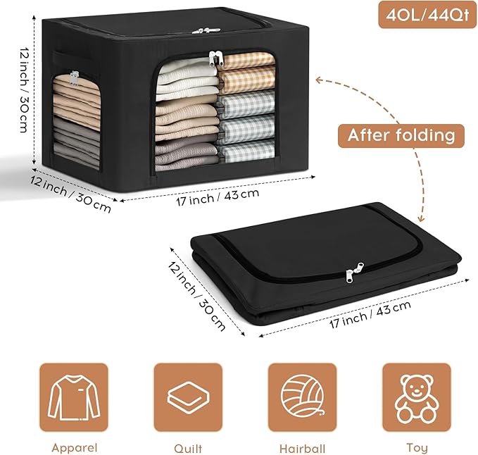 3-Pack Clothes Organizer Bins with Metal Frame, Foldable 40L Linen Storage Boxes with Lids, Clear Windows, Zippers & Durable Handles (Black)-NeatNest