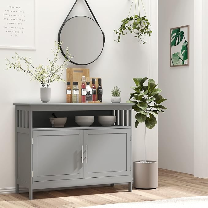 HOMCOM Sideboard Buffet Cabinet, Modern Coffee Bar Cabinet with 2-Level Shelf and Open Compartment, Grey-NeatNest