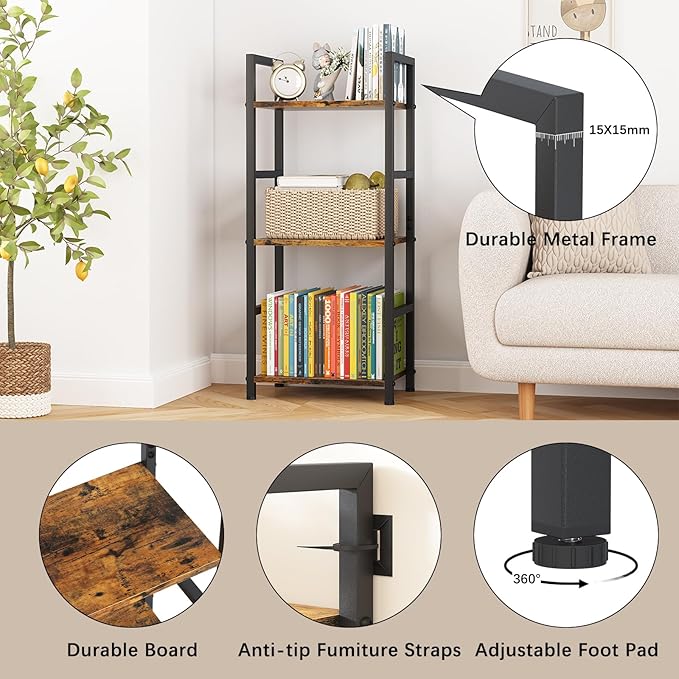 Bookshelf Storage Shelf Bookcase, 3 Tier Industrial Bookcase,Small Book case for Living Room, Bedroom, and Home Office, Easy Assembly Free Combination Multi-Functional Organizer(3 Tier,Rustic Brown)-NeatNest