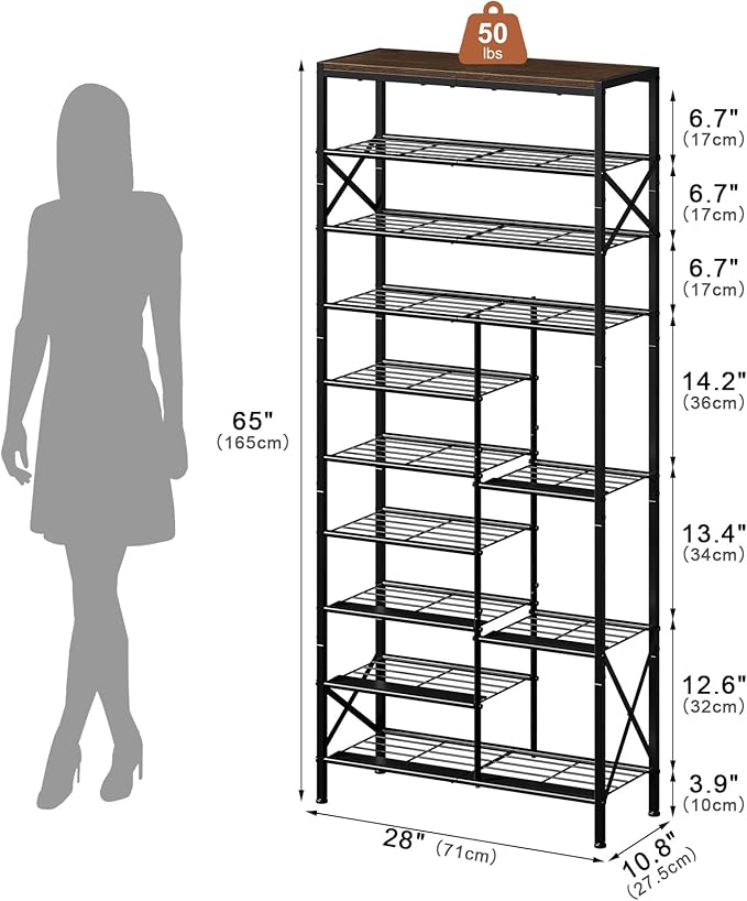 10-Tier Shoe Rack, Shoe Storage Organizer with Boots Storage, Large Capacity Shoe Shelf Holds 27-30 Pairs of Shoes, Durable and Stable, for Entryway, Closet, Hallway, Dorm Room, Rustic Brown-NeatNest