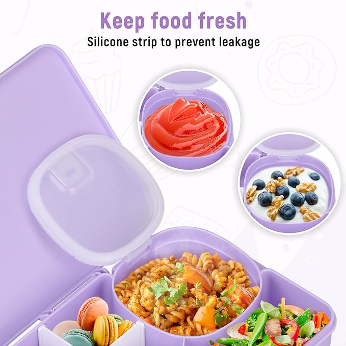 2 Pack Snackle Box Container for Kids,Adjustable Compartments,Reusable Snack Containers with Lids,Easy-Open Latch,Lunch Food Containers,Dishwasher Safe,Leak-Proof Silicone Ring(2 Pack-Purple)-NeatNest