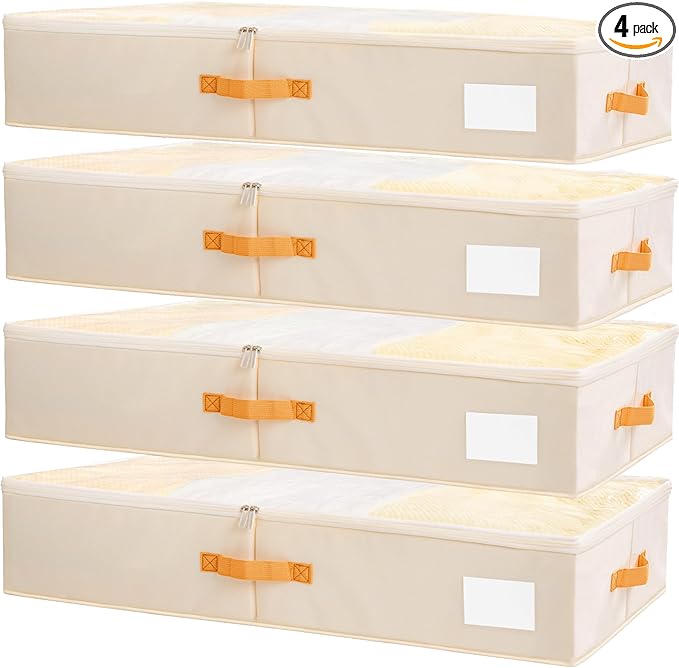 Criusia Under Bed Storage Bins with Clear PVC Lids – 4 Pack Large Underbed Organizers with Heavy-Duty Handles, Reinforced with 800G PP Panels & 80G Non-Woven Fabric – Waterproof & Foldable, Beige-NeatNest