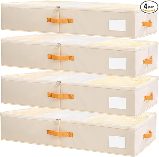 Criusia Under Bed Storage Bins with Clear PVC Lids – 4 Pack Large Underbed Organizers with Heavy-Duty Handles, Reinforced with 800G PP Panels & 80G Non-Woven Fabric – Waterproof & Foldable, Beige-NeatNest