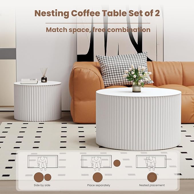 WXFKLDJ Round Nesting Coffee Table Set Cylindrical Wooden Coffee Table Sofa Center Table Circle Embossed Design Side Table for Living Room Apartment No Assembly (Round White Small)