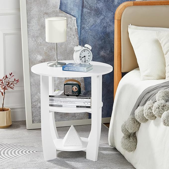 Round End Table with Storage Shelf,3 Tier Modern Side Table, Sofa Recliner Side Table,Accent Coffee Table,Nightstand for Living Room Bedroom for Small Spaces,19.7" D x 21.7" H