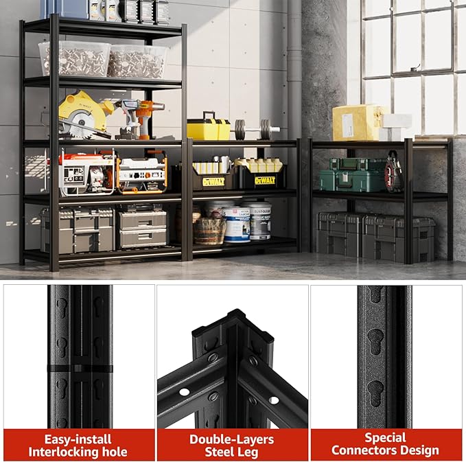 5 Tier Metal Storage Shelves, 72" H x 35.43" W x 15.75" D, 2500 LBS Adjustable Shelving Unit for Warehouse, Office, Kitchen, Pantry, Living Room, Laundry Room, Garage Shelving, Black-NeatNest