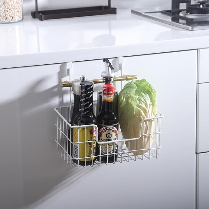 Wire Storage Basket 2 Packs, Wall Mounted Kitchen Bathroom, Hanging Cabinet Door Storage Basket, no Drilling, Supporting 2 Types of Hooks, Strong Bearing, Suitable for Home, White