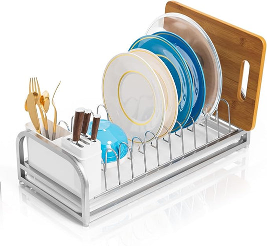 Dish Drying Rack Small for Kitchen Counter, 304 Stainless Steel Small Dish Rack w Cutlery Holder, Dish Drainer for Pots & Pans, Cutting Boards, Plates, Serving Trays & Lids (Silvery)