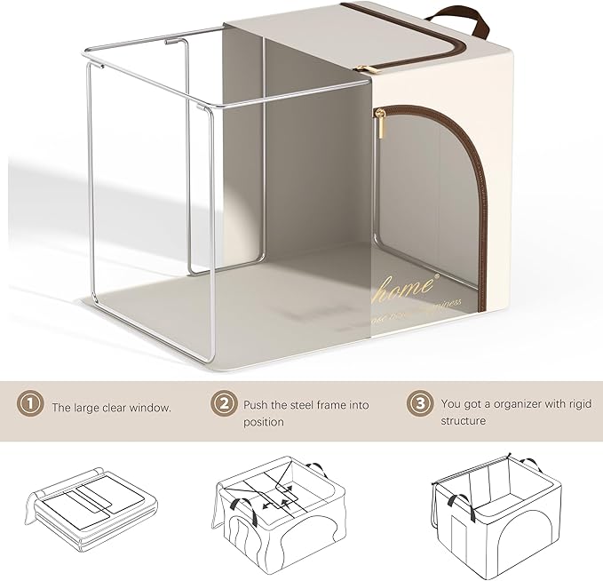 Furnhome 3 pack Clothes Storage Bins with metal Frame, sweater storage for closet, Stackable Storage bins for clothes, Foldable Clothing Storage bins with Cedar Blocks& Windows&Zippers|36L-Off White
