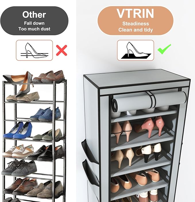 VTRIN Vertical Narrow Shoe Rack Organizer Tall Shoe Rack for Closet Entryway 10 Tier Non-Woven Cover Shoe Shelf Holds 20-22 Pairs Free Standing Shoe Storage Cabinet with Dustproof Cover, Grey-NeatNest