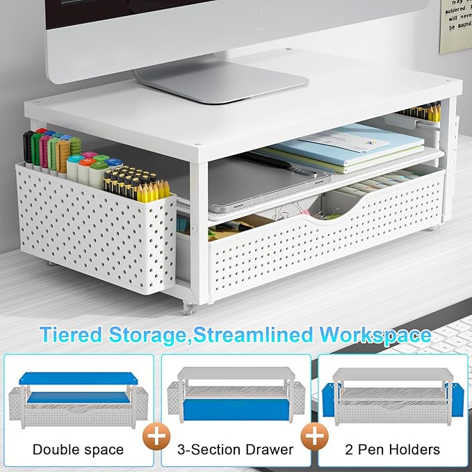 gianotter Wood Monitor Stand Riser, Office Desk Shelf Organizer, Desk Organizer with Drawer and Pen Holder, 2-Tier Computer Stand, Office Organization (Matte White)-NeatNest