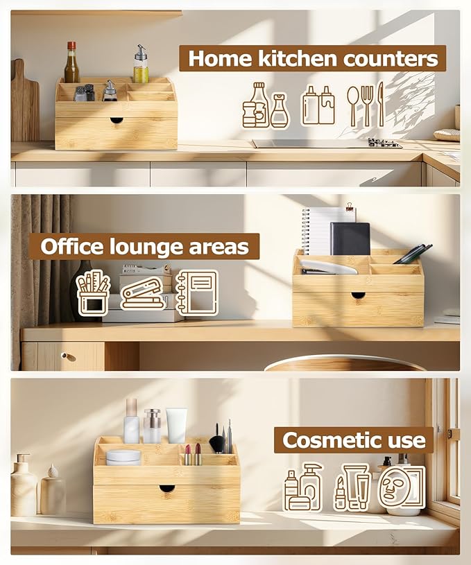 Coffee Bar Organizer Countertop with Drawer, Cafe Station Storage for Bar Accessories,Bamboo Espresso Bar Decor Holder for Bar Decor,Bamboo-NeatNest