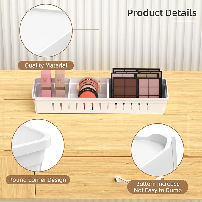 Desk Drawer Organizer Tray 4 PCS Plastic Office Drawer Organizer Bins Junk Organizer Divider with Non-Slip Silicone Pads, Makeup Vanity Organizer for Drawer, White-NeatNest