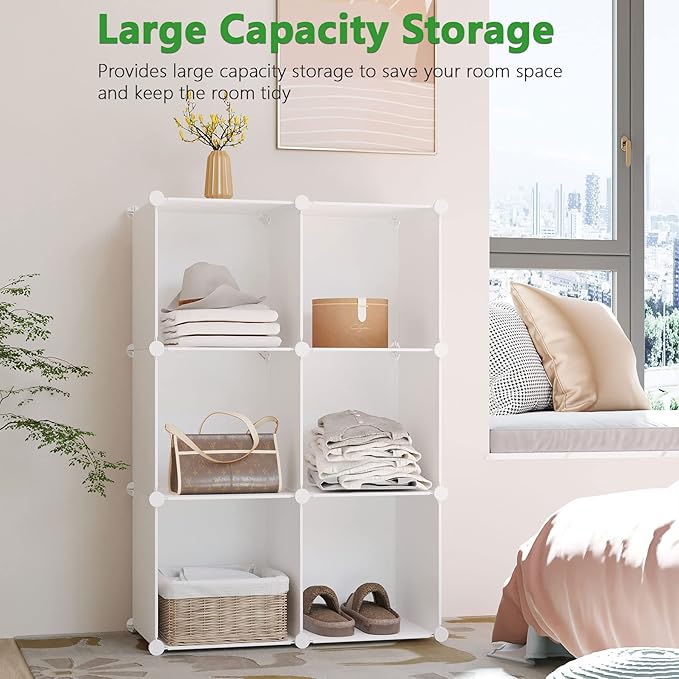 C&AHOME 6-Cube Storage Organizer, Stackable Storage Cubes Shelves, Portable Bookshelf, Plastic Clothing Storage Closet Organizer, DIY Modular Shelving Units for Wardrobe, Home, Milky-NeatNest