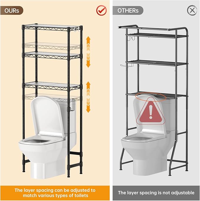3-Tier Over-The-Toilet Storage Shelf,Heavy-Duty Adjustable Bathroom Rack with 2 Mesh Baskets,Toilet Paper Holder & Hooks,Space-Saving Organizer for Bathroom,10”D x 24”W x 66”H,Black