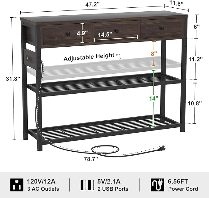 Ecoprsio 47'' Entryway Table with Outlets and USB Ports, Console Table with 3 Drawers, Sofa Table Narrow Long with Storage Shelves for Living Room, Couch, Hallway, Foyer, Black Walnut Finish-NeatNest