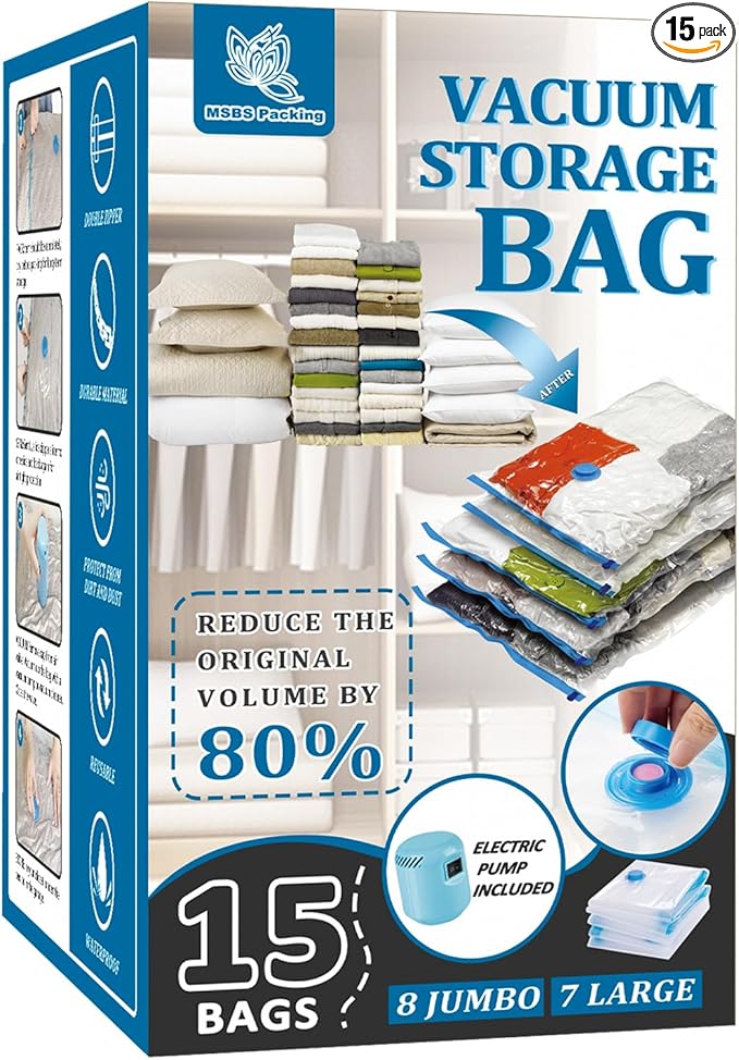15 Pack Vacuum Storage Bags with Electric Pump, Space Saver Bags (8 Jumbo/7 Large) Compression for Comforters and Blankets, Sealer Clothes Storage Travel Essentials-NeatNest