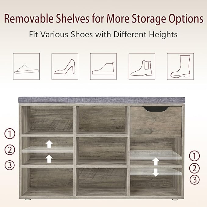 DINZI LVJ Shoe Bench, Entryway Storage Bench with Drawer and 8 Cubbies, Cubby Shoe Rack with Adjustable Shelves, Shoe Organizer Cabinet for Living Room, Bedroom, Mudroom, Closet and Garage, Grey Wash-NeatNest