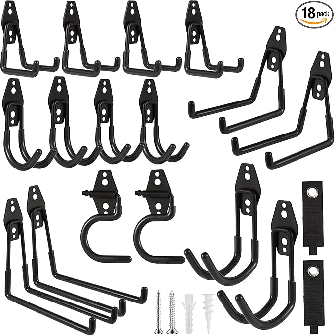 Garage Hook Heavy Duty Wall Storage Hangers, 18 Pack Garage Storage Hooks Steel Tool Black for Ladders, Ropes, Garden Tools-NeatNest