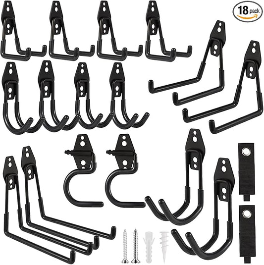 Garage Hook Heavy Duty Wall Storage Hangers, 18 Pack Garage Storage Hooks Steel Tool Black for Ladders, Ropes, Garden Tools-NeatNest