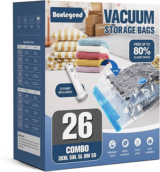 BoxLegend Vacuum Storage Bags with Electric Pump 26 Combo (3X-Jumbo, 5 Jumbo, 5 Large, 8 Medium, 5 Small) Thickened Vacuum Seal Bags for Clothing Space Saving for Coat Quilt Blanket Pillow Comforters-NeatNest