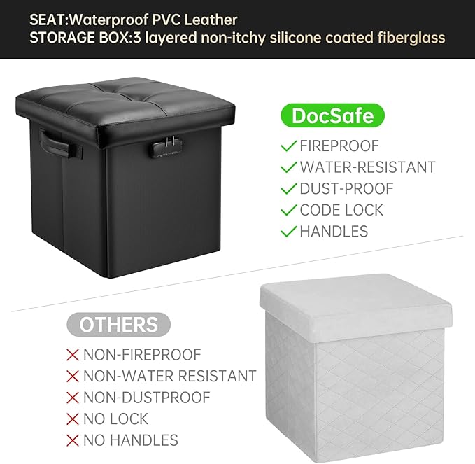 DocSafe Storage Ottoman with Lock,Fireproof Folding Ottoman Foot Rest Stool Storage Chest with Storage Safe for Important Documents,Waterproof 13 Inches Short Ottoman Foot Stool with Handles,Black-NeatNest