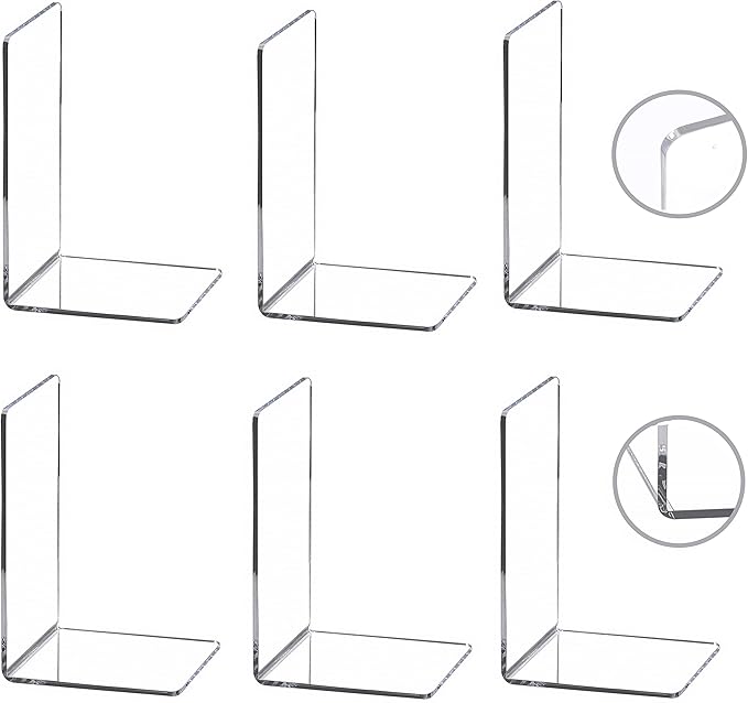 CY craft 6 Pieces/3 Pairs Bookends,Clear Acrylic Bookends for Shelves,Heavy Duty Book Ends and Desktop Organizer,Book Stopper for Books/Movies/CDs,7.3x4.8x4.8 inch-NeatNest