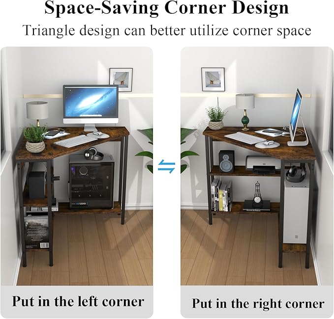 Corner Desk with Outlets & USB Ports, 90 Degree Triangle Corner Table with CPU Stand & Storage Shelves for Small Space, Computer Table with Charging Station for Home Office Bedroom (Rustic)-NeatNest
