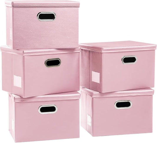 PRANDOM Foldable Storage Bins with Lids [5-Pack] Leather Fabric Collapsible Storage Boxes Organizer Containers Baskets Cube with Cover for Bedroom Closet Office Nursery Pink (14.9x10.8x10)-NeatNest