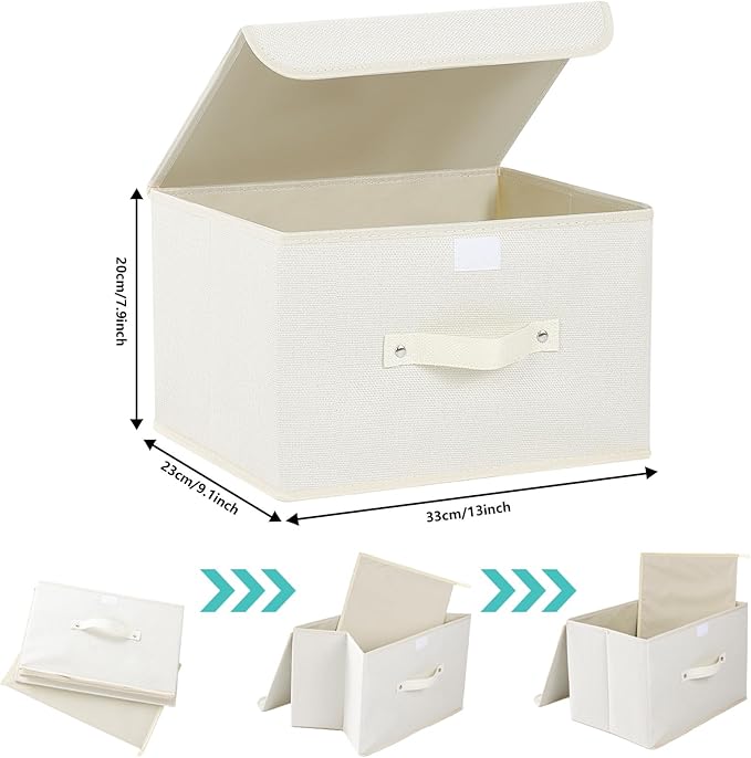 Fabric Storage Bins Cube Organizers with Flip-Top Lid and Handles,Storage Boxes for Organizing Home,Office,and Closet,Beige,3 Pack 13 X 9.1 X 7.9 in-NeatNest