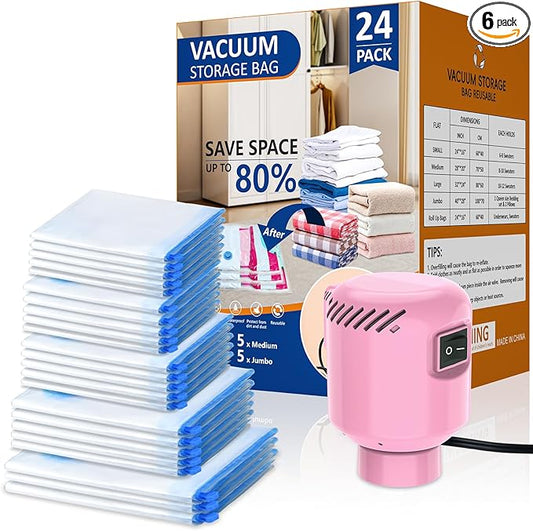 24 Pack Vacuum Storage Bags with Electric Pump, Space Saver Bags (5 Jumbo, 5 Large, 5 Medium, 5 Small, 4 Roll Up Bags) Travel Vacuum Seal Bags for Clothes, Bedding,Blankets,Duvets, Pillows-NeatNest
