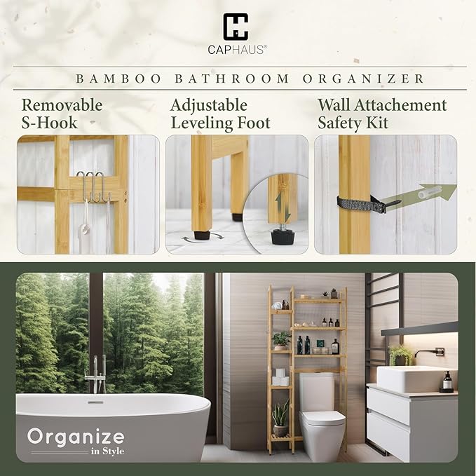 CAPHAUS Over -The -Toilet Storage Shelf,7-Tier Bamboo Bathroom Organizer Shelf Rack Over Toilet with Adjustable Feet & Hooks, Freestanding Toilet Shelf for Bathroom Laundry Balcony Plant Stand,Black-NeatNest