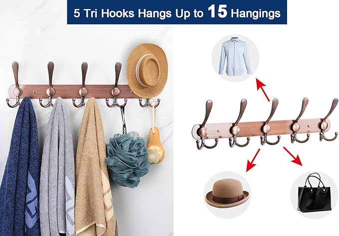 NearMoon Coat Rack Wall Mounted-2 Pack, Heavy Duty Bath Towel Hooks Stainless Steel Robe Hooks Holder, Metal Coat Hook for Towel Coat Hat Key Bathroom Bedroom Hotel Entryway (5 Hooks, Antique Copper)