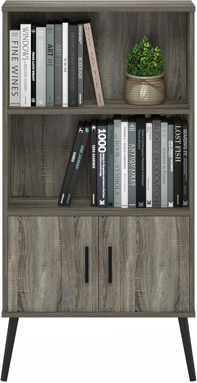 Furinno Claude Mid Century Style Accent Wooden Leg Bookcase Cabinet with Storage Organizer Shelves, French Oak Grey