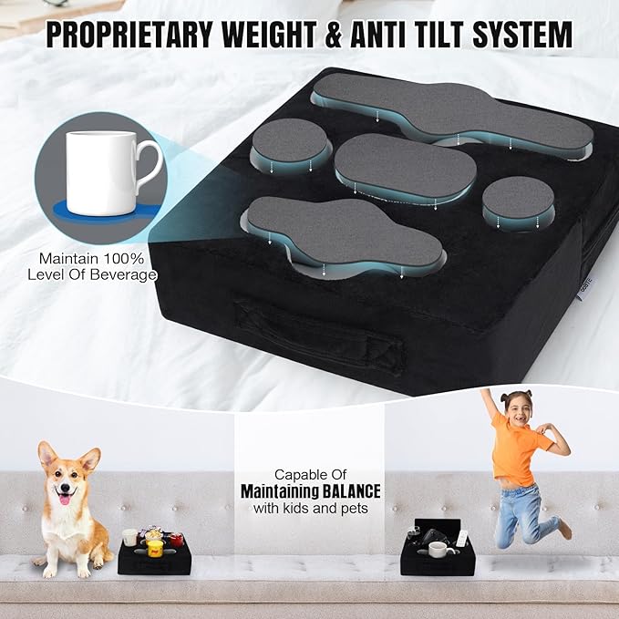 STBoo Couch Cup Holder Pillow Tray - Sofa Drink Cup Holder Cozy Buddy | Bed Caddy Organizer for Remote, Snacks Beverage, Phones, Tablet | Use it on Car, Pack, Beach, RV, Boat, Bedroom (Black)-NeatNest