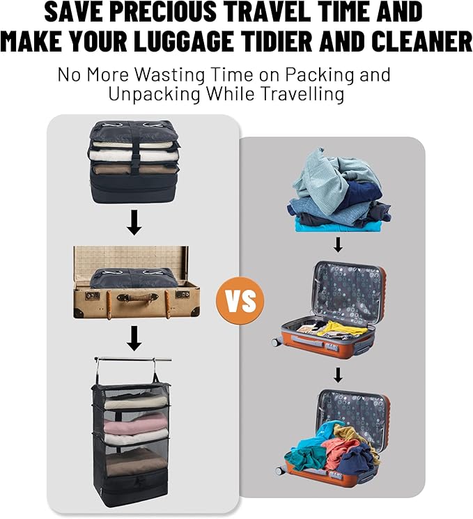 Caroeas Portable Hanging Travel Shelves Bag Suitcase Organizer Carry-on Closet Packing Cubes for Travel, 3-Shelf Suitcase Closet with 2 Hooks, Large Capacity, Black-NeatNest