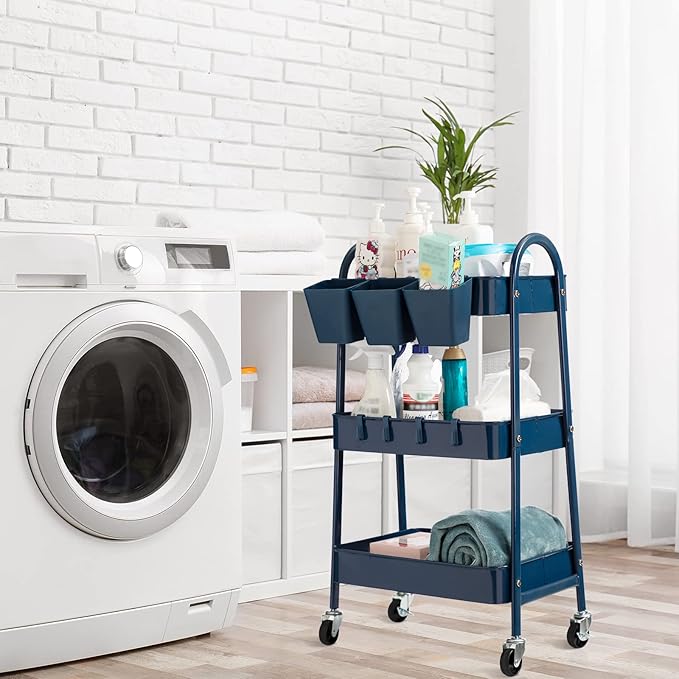 danpinera 3-Tier Rolling Cart, Metal Rolling Storage Cart with Lockable Wheels & Hanging Cups & Hooks, Mobile Trolley Cart for Kitchen, Bathroom, Office, Workshop, Dark Blue-NeatNest
