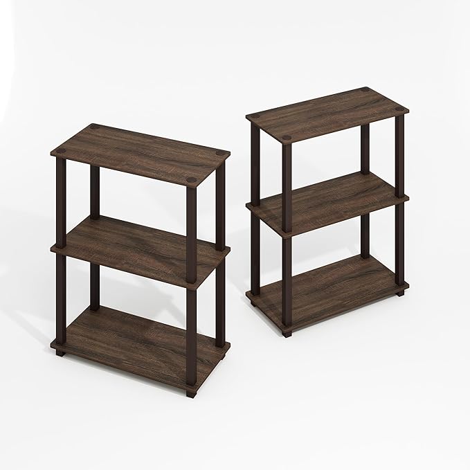 Furinno Turn-S-Tube 3-Tier Compact Multipurpose Shelf Display Rack with Square Tube, Black Walnut/Brown, Set of 2-NeatNest