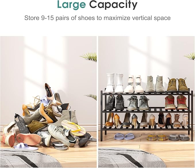 3-Tier Long Black Shoe Rack, Bamboo Wood Shoe Rack for Closet, Entryway & Hallway, Stackable | Functional | Sturdy