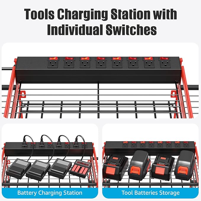 CCCEI Red Power Tool Organizer Wall Mount, Large Tools and Battery Storage Rack Charging Station Individual Switches. Drills Holder, Garage Utility Shelves with 6FT Power Strip. Gift for Men.-NeatNest