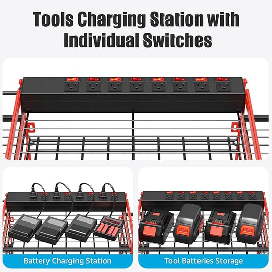 CCCEI Red Power Tool Organizer Wall Mount, Large Tools and Battery Storage Rack Charging Station Individual Switches. Drills Holder, Garage Utility Shelves with 6FT Power Strip. Gift for Men.-NeatNest