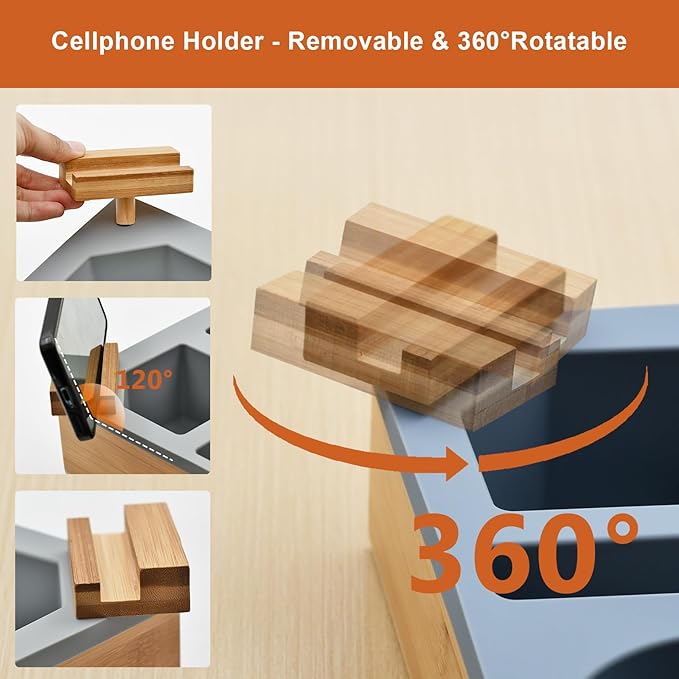 Couch Cup Holder with Sturdy Bamboo Bottom Tray and Anti-Spill Washable Silicone Liner for Eating on Couch or Bed, TV-Watching Food Snack Trays with Drinks Cup Holder TV Remote Holder (Grey)-NeatNest