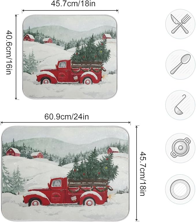 Happy Christmas Tree Dish Drying Mat Microfiber Drying Matt for Dishes Sink Kitchen Counter 18 x 24 Inches