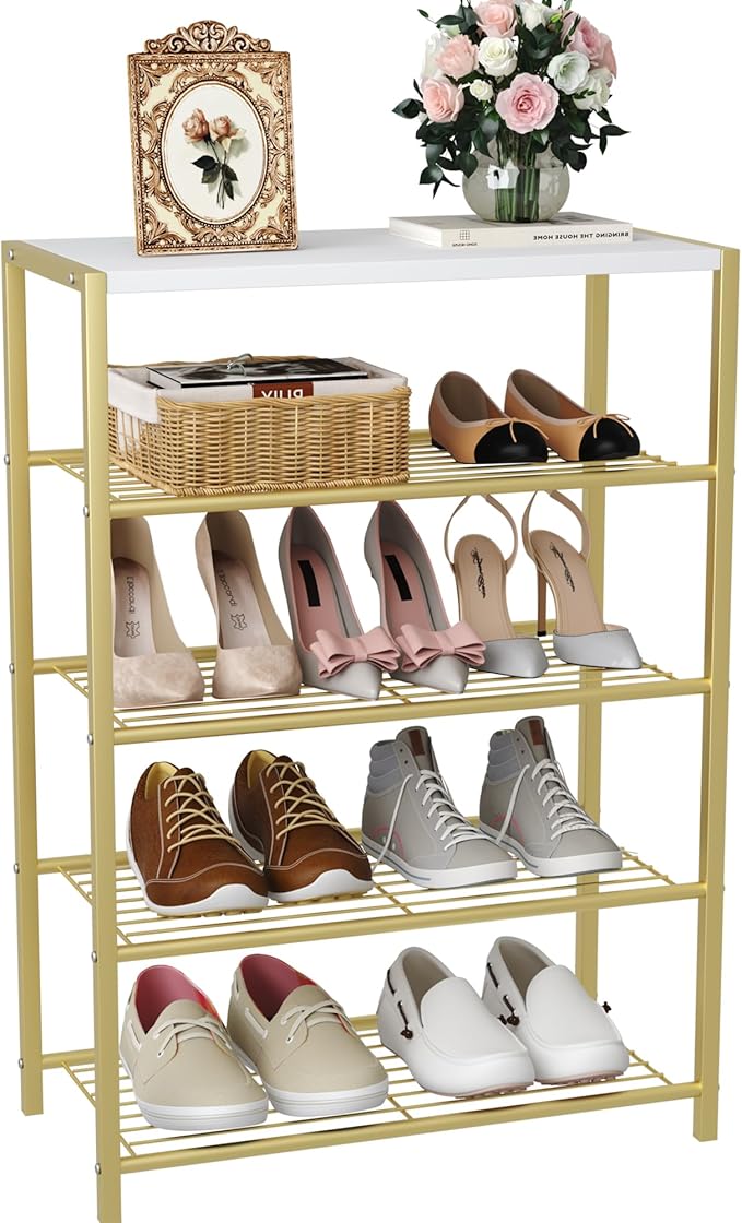 HOMEFORT 5-Tier Shoe Rack, Shoe Storage Shelf, Industrial Shoe Tower, Narrow Shoe Organizer for Closet Entryway, Small Shoe Rack Table with Durable Metal Shelves, Gold-NeatNest