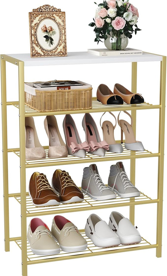 HOMEFORT 5-Tier Shoe Rack, Shoe Storage Shelf, Industrial Shoe Tower, Narrow Shoe Organizer for Closet Entryway, Small Shoe Rack Table with Durable Metal Shelves, Gold-NeatNest