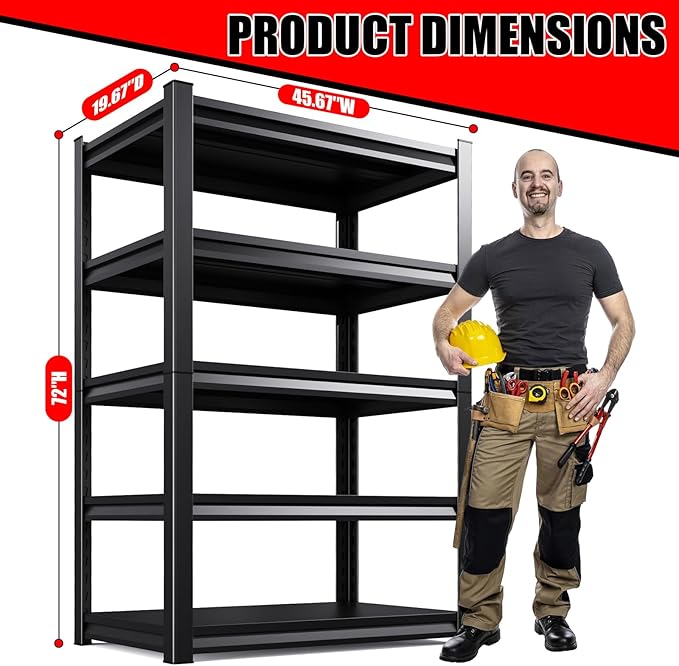 5-Tier Metal Garage Shelving, Heavy Duty Shelving 3000LBS Adjustable Garage Shelves,Utility Rack Large Industrial Shelves for Basement, Warehouse, Easy Assembly, Black 72''H x 47.2''W x 19.7''D