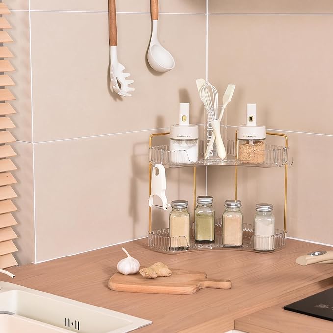 2-Tier Plastic Bathroom Counter Corner Organizer with Hooks, Bathroom Sink Organizer and Storage Countertop Vanity Tray, Perfume Organizer (Gold Clear)-NeatNest